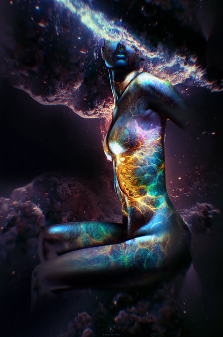 A cosmic figure floats among asteroids, their body illuminated from within by swirling galaxies of vibrant blue, orange, and pink light, perfectly embodying the piece's title "Galactica" by @KatalinaOoma. The ethereal artwork captures a human form merged with the universe, fitting for the @888InnerCircle Inner Artist Initiative metaverse opening event.