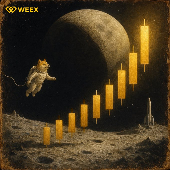 A Shiba Inu dog in an astronaut suit floats past a rising golden candlestick chart above a lunar landscape, with the "WEEX" logo in the corner—visually echoing the post's theme of incremental progress toward the moon, one candle (and one step) at a time.