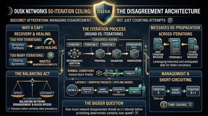 An infographic titled "Dusk Networks 50-Iteration Ceiling: The Disagreement Architecture" illustrates the technical reasoning behind Dusk Foundation's Succinct Attestation, explaining why consensus rounds are capped at 50 iterations to balance network disagreement recovery against healing, prevent temporary partitions and chasing agreement, and manage latency through short-circuiting—visualizing the consensus round flow (Deterministic Sortition → Proposal → Validation → Ratification) and how past and future iteration messages are leveraged to expedite consensus.
