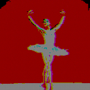 A low-resolution, colorful pixelated image showing a figure in a tutu with arms raised against a red background.