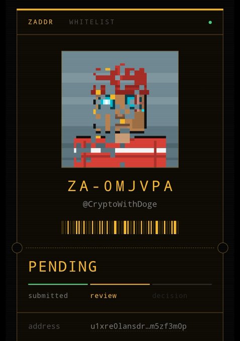 A digital "ZADDR WHITELIST" card displays a pixel-art character with red hair and blue eyes, with the address "ZA-OMJVPA," the handle "@CryptoWithDoge," and a status bar showing "PENDING" between "submitted" and "decision" stages.