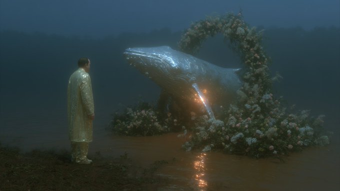 The image features a man standing next to a large silver whale sculpture, which appears to be made out of flowers. The scene takes place near a body of water with trees visible in the background. The man seems to be observing the whale closely or admiring its intricate details. The photo is taken from an angle that emphasizes the size and scale of both the man and the whale, creating a sense of awe and wonder at the natural world around them.