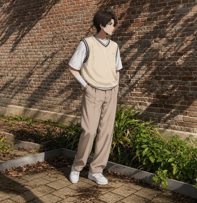 An anime-style illustration of a young man with brown hair wearing a cream sweater vest over a white shirt and khaki pants, standing against a brick wall with greenery.