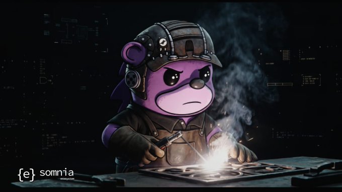 A digital illustration featuring a purple cartoon bear character wearing a tactical helmet and leather apron, welding metal that emits sparks and smoke, with the text '{e}: somnia' in the bottom left corner.