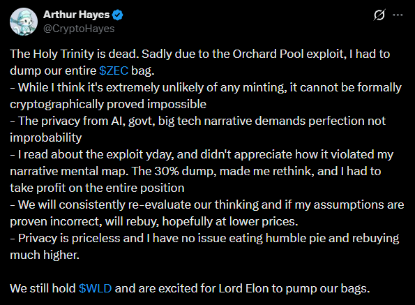 The image shows a post on Twitter with a screenshot of the person's Twitter account that reads, "JUST IN: ARTHUR HAYES JUST DUMPED His entire $ZEC POSITION After Zcash disclosed a critical vulnerability that could have allowed counterfeit ZEC, @CryptoHayes says it broke his investment thesis. Worth noting: This comes just days after he also exited his entire". The post seems to be discussing the issue of a vulnerability in an electronic device or software, possibly related to cryptocurrency like Bitcoin.