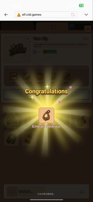 The user wants a concise caption describing the image.
I need to identify the key elements:
- The central text "Congratulations".
- The item being awarded: "Emerald Necklace" (indicated by the icon and text below it).
- The context: It looks like a mobile game screen, specifically an NFT or Web3 game given the URL "elf.cidi.games" and the hashtags in the prompt.
- The background shows a crafting or inventory screen with "Vine Clip".

The prompt asks for a 1-2 sentence caption including key text, numbers, tickers, or names.

Key text to include:
- "Congratulations"
- "Emerald Necklace"
- "elf.cidi.games" (URL at top)
- "72" (battery/notification icon, maybe less relevant but visible).
- The hashtags in the prompt provide context: #CiDiGames, #PiNetwork, #Web3.

Let