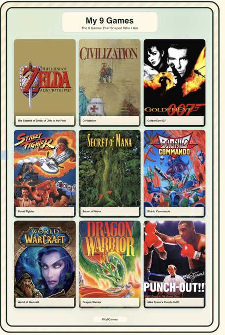 A curated collage titled "My 9 Games: The 9 Games That Shaped Who I Am" featuring cover art of classic retro titles including The Legend of Zelda: A Link to the Past, Civilization, GoldenEye 007, Street Fighter, Secret of Mana, Bionic Commando, World of Warcraft, Dragon Warrior, and Mike Tyson's Punch-Out!!—showcasing a nostalgic lineup of OG games that defined the creator's gaming journey.