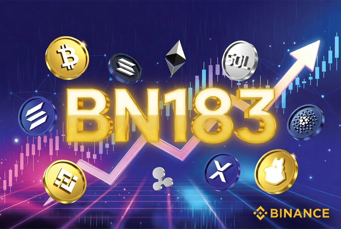 The image features an infographic with a vibrant blue background and a gradient that transitions from pink at the top to purple at the bottom, giving the impression of a futuristic space theme or galaxy backdrop. The main focus of the design is the bold text "BN183" displayed prominently in the center. This design style suggests a digital advertisement or marketing campaign for a cryptocurrency such as Bitcoin.

In addition to the "BN183", there are several other symbols and icons within the image, including logos associated with Bitcoin trading platforms like BitcoinBinance and Binance App, which indicate that this is an informational and promotional piece related to Bitcoin trading and digital currency exchanges. The design also includes various symbols such as a dollar sign and three thumbs up signs, further emphasizing the theme of cryptocurrency and the digital world.