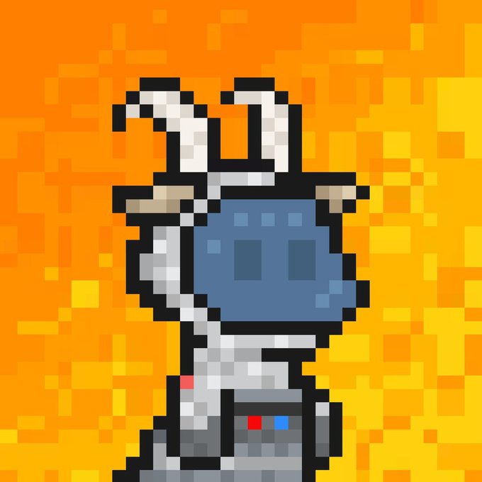 A pixel art illustration of a character with a blue square head, white horns, and a white spacesuit against an orange background.