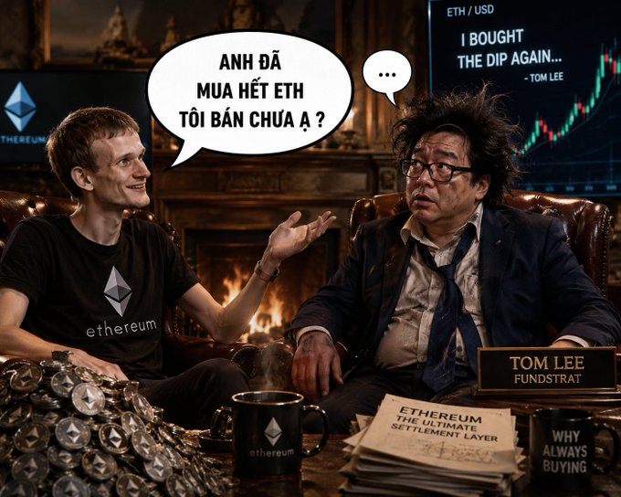 The image shows two men sitting down at a table with stacks of money. One man is wearing a black shirt, while the other has glasses. They are both looking at a computer screen that displays a comic strip featuring them. The comic strip features dialogue in both English and Vietnamese. There's also an element of humor as the characters appear to be playing or joking around with each other. In one part of the panel, a person is holding a cup of coffee, which could be related to their conversation.