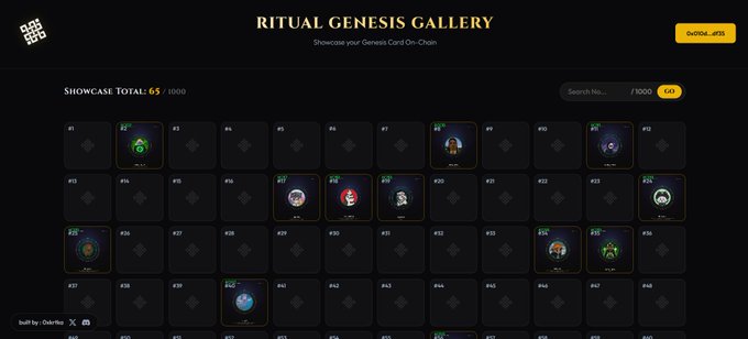 A "Ritual Genesis Gallery" interface showcasing 65/1000 Genesis Cards on-chain, displaying a grid of various character-themed NFT cards with search functionality and a built by Odetta link.