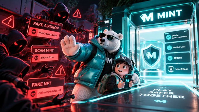 A digital illustration warns against cryptocurrency scams, showing shadowy hooded figures presenting fake links like 'FAKE AIRDROP mint-drop.com', 'SCAM MINT get-mmt.io', and 'FAKE NFT claim-mintabear.net', while a bear mascot and a boy stand before a verified 'MINT' portal with text reading 'PLAY SAFER TOGETHER'.