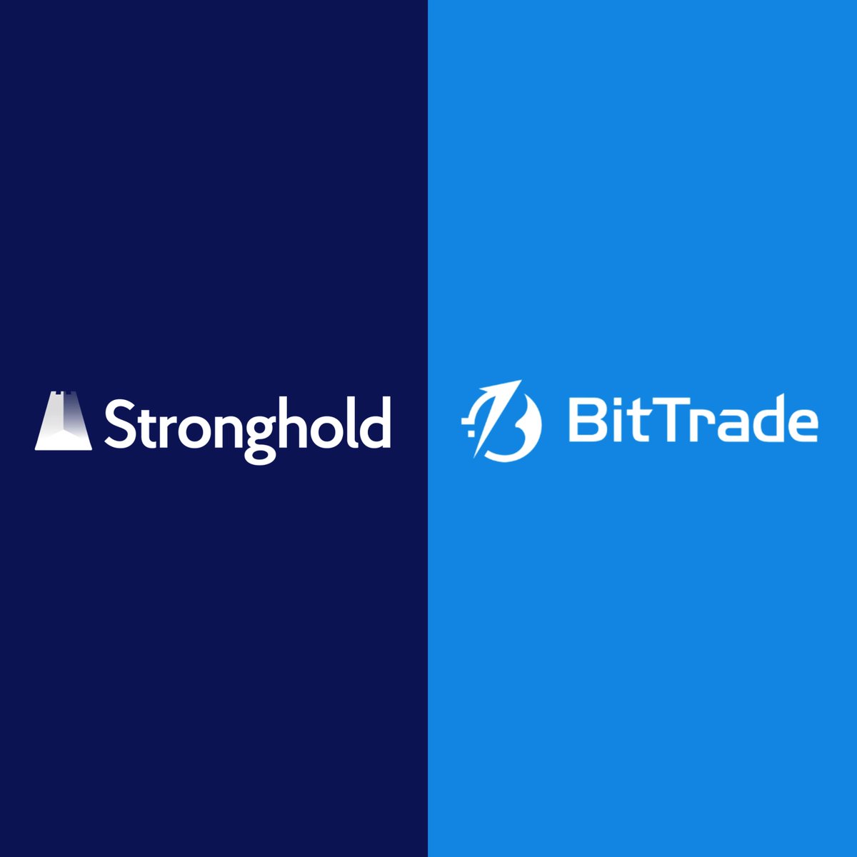 A split-screen graphic displays the 'Stronghold' logo on a dark navy background on the left and the 'BitTrade' logo on a bright blue background on the right.
