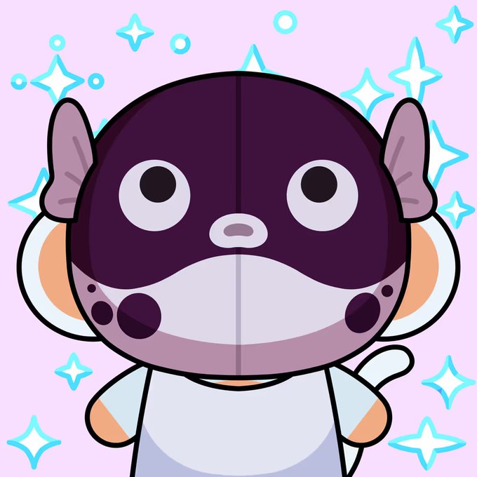 An illustration of a stylized cartoon character with a large dark purple head, big round eyes, small pointed ears, and a light blue body, set against a sparkly pink background.