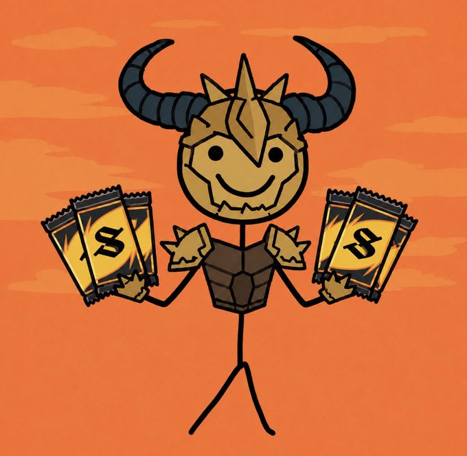 A cartoon illustration of a horned warrior character with a smiling helmet holding two snack packages marked with 'S' symbols against an orange sky background.