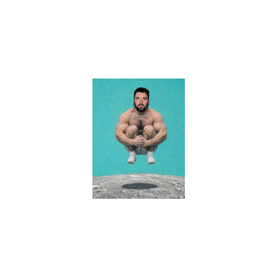 A surreal image showing a bearded man in a squatting position floating above a lunar-like surface with a crater, set against a teal background.