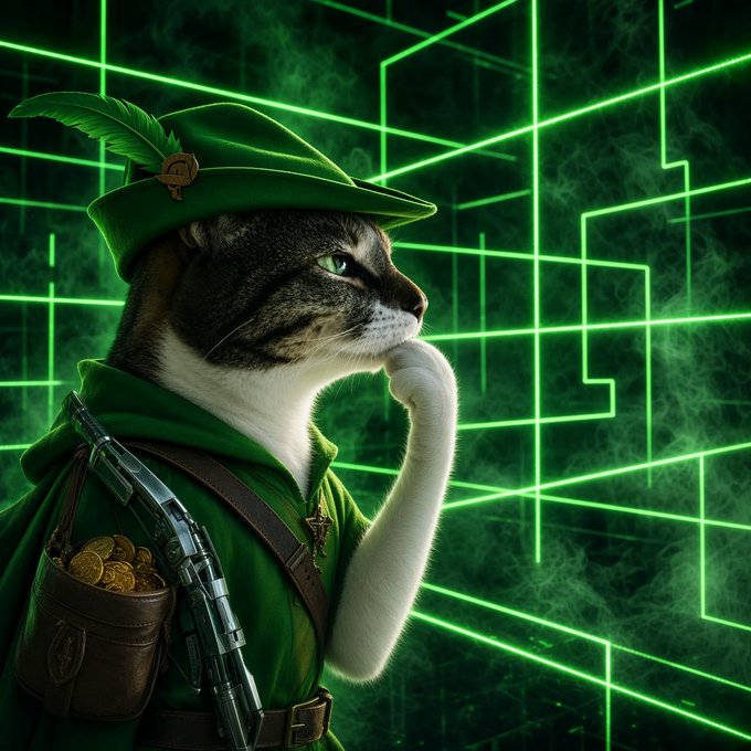 A cat dressed as Robin Hood ponders in a neon green cyber-grid maze, mirroring the post's reflection on $HMM's resilience as a long-term hold within the $PONS ecosystem alongside cat-themed coins like $CASHCAT.