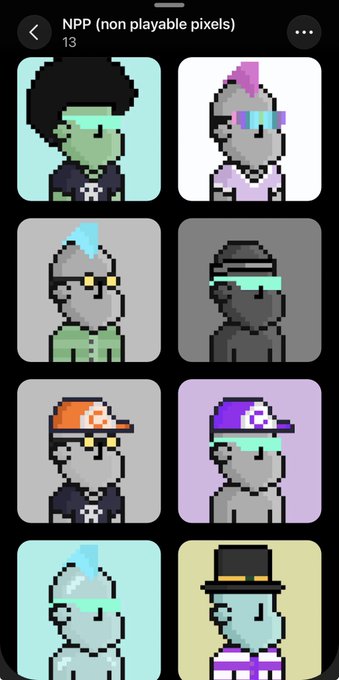 A mobile app screen titled 'NPP (non playable pixels)' displays a collection of pixel art character avatars with various hairstyles and accessories.