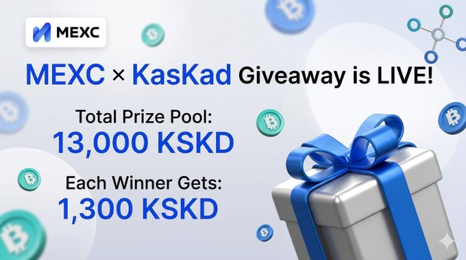 The image features a promotional poster for an event hosted by MEXC and KasKad. The poster displays a gift box with a blue ribbon tied around it, surrounded by numerous small blue and green buttons scattered throughout the background. The text on the poster announces that there is a contest being held, where participants can win a total prize pool of 13,000 KSKD each. The post also mentions that each winner will receive 1,300 KSKD as their prize.