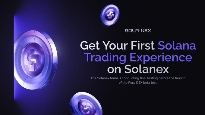 The image features a purple coin with a white "S" on top, which appears to be a symbol for Solana. The text below the coin reads "Get Your First Solana Trading Experience on Solanex", indicating that users can start trading on this platform. The background of the image is black and has a gradient effect, making it stand out against the purple coin.