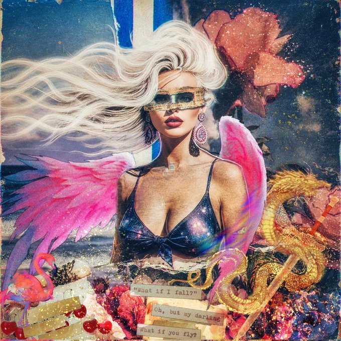 The image features a woman with long blonde hair wearing sunglasses, standing next to a dragon or tiger-like creature that has wings. The background includes a blue sky and clouds, as well as some flowers. The caption of the image reads "GM ღ New Drop ღ Fall & Flight 1/1 - ʎɹoʇS".