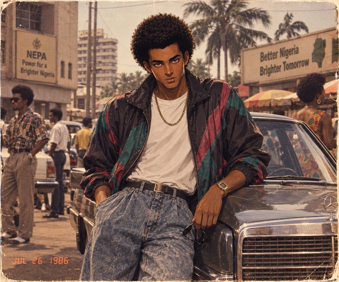 A stylized retro photograph dated "JUL 26 1986" showing a young man with an afro leaning against a Mercedes-Benz car on a Nigerian street, with signs reading "NEPA Power for a Brighter Nigeria" and "Better Nigeria Brighter Tomorrow" visible in the background.