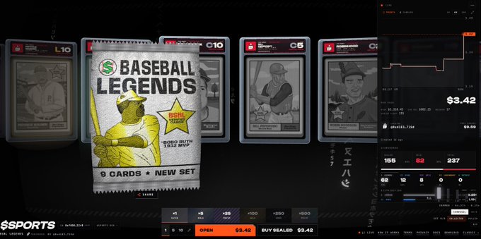A screenshot from an MLB The Show pack opening showing a 'Baseball Legends' 9-card pack with an x86 Mutu L62 MVP card, alongside a $3.42 transaction record on the right side.