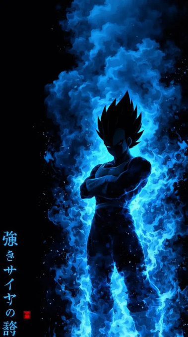 A dark silhouette of an anime character, resembling Vegeta from Dragon Ball, surrounded by glowing blue flames with Japanese characters on the left side.