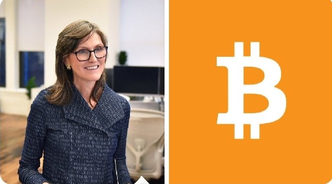 Cathie Wood, CEO of ARK Invest, is pictured alongside a Bitcoin logo, visually reinforcing her argument that investors should consider shifting some gold holdings into Bitcoin, which she projects could reach $1.5 million by 2030.