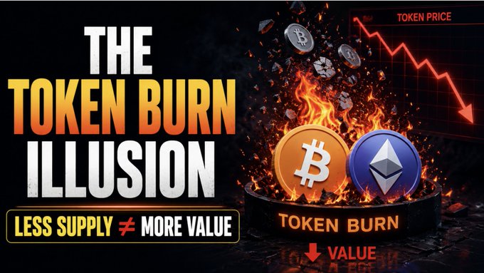 The image, promoting "Crypto Exposed #5: The Token Burn Illusion," features bold text declaring "THE TOKEN BURN ILLUSION" and "LESS SUPPLY ≠ MORE VALUE," alongside imagery of Bitcoin (BTC) and Ethereum (ETH) coins engulfed in flames above a "TOKEN BURN" label, visually reinforcing the post's warning that reducing token supply through burning does not inherently increase a cryptocurrency's value, as indicated by the downward "TOKEN PRICE" and "VALUE" arrows.