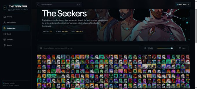 A screenshot of an NFT marketplace interface titled 'The Seekers', showing a collection of pixelated character avatars with a description reading 'The living core collection on Solana mainnet...'