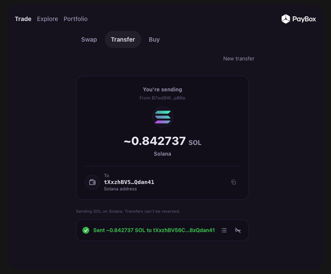 A screenshot of the PayBox wallet interface showing a 'Transfer' tab where approximately 0.842737 SOL is being sent from B7vd9W...pBke to the Solana address tXxzhBV5...Qdan41, with a green confirmation message at the bottom.