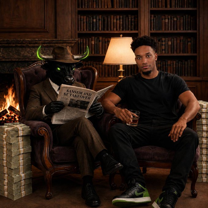 A man in a black t-shirt and Air Jordans sits next to a horned, suited bull figure reading a newspaper headlined "SANSEM AND SZ TAKEOVER," with stacks of cash piled around them in a wood-paneled library setting.

The image humorously illustrates the post's theme of crypto "burn leaderboard" competition, suggesting the horned "burn" figure represents a rival token while the man symbolizes @blknoiz06 enjoying the spoils as the top diamond coin holder.