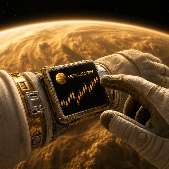 A close-up of an astronaut's gloved hand touching a smartwatch displaying a candlestick chart and the label 'VENUSCOIN', with a golden planet and starry space in the background.