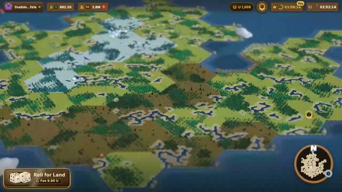 A screenshot of a hex-grid strategy game showing terrain with forests, rivers, and grasslands, with "Roll for Land" option and player stats at the top.