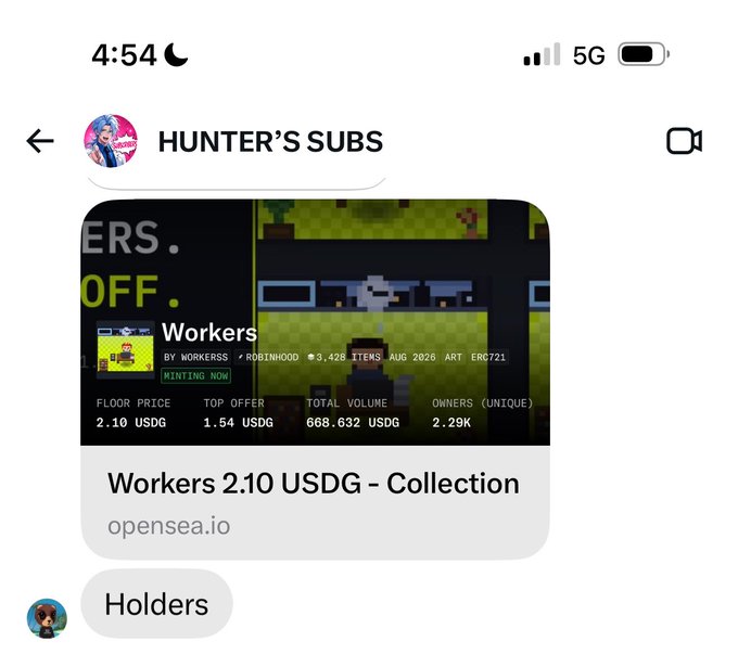 A screenshot of Hunter's Subs showing a NFT collection called "Workers" with a floor price of 2.10 USDG, a top offer of 1.54 USDG, total volume of 668.632 USDG, and 2.29K unique owners, with the post celebrating a $20 offer and noting the project's growing value.