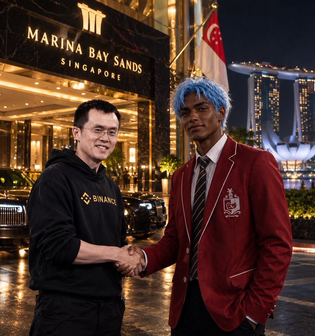 Two men shake hands in front of the Marina Bay Sands hotel in Singapore at night; one wears a black Binance hoodie and the other a red blazer with blue hair.