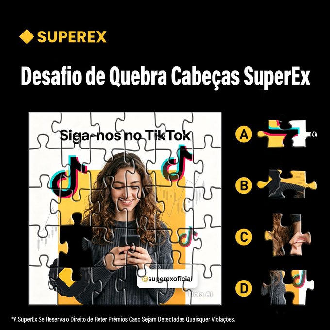 A promotional graphic for "Desafio de Quebra Cabeças SuperEx" featuring a TikTok puzzle challenge with a woman on a phone, alongside multiple-choice options A through D.