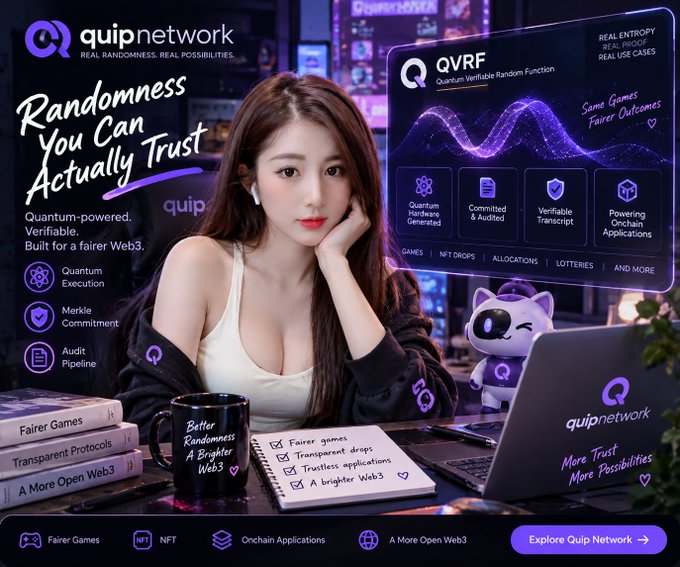 A promotional graphic for 'quipnetwork' featuring an anime-style woman, a purple cat mascot with headphones, and text promoting 'Quantum-powered, Verifiable, Built for a fairer Web3' randomness and trust.