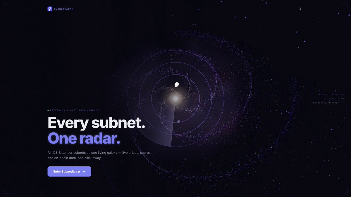 The image features a website called "New on SubnetRadar" that has a purple background with white text, including a description of the service they offer. The main focus of the image is a large spiral galaxy filled with stars, which serves as an eye-catching visual element to draw attention to the website's name and purpose.
