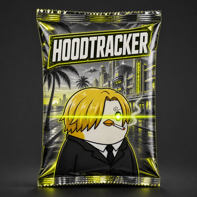 A neon-styled snack bag labeled 'HOODTRACKER' featuring a cartoon character with blonde hair and a glowing eye holding a cigarette, set against a city backdrop.