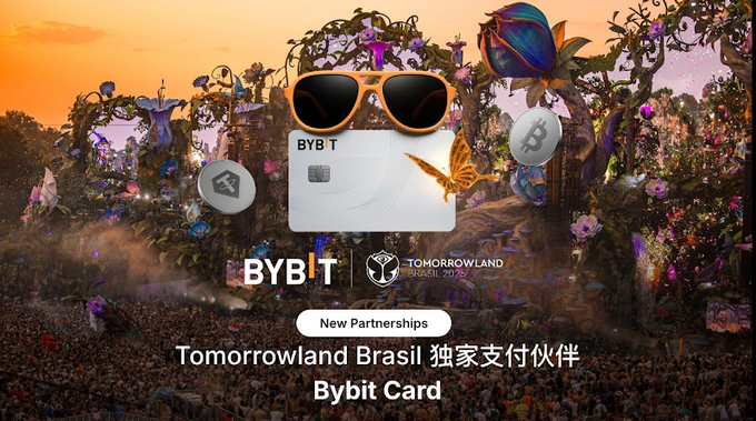 The image features a poster for Bybit Card, which is an electronic payment method by Bybit. The poster includes a pair of sunglasses and a butterfly as part of its design elements. The text on the poster reads "Bybit Card" and "New partnerships", indicating that the card is available to users who want to make payments using Bybit's services.