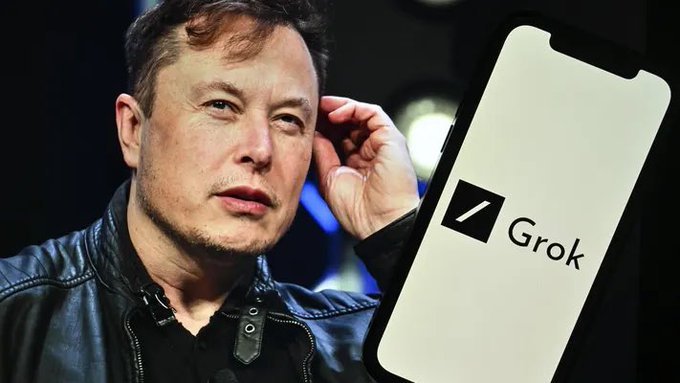 Elon Musk is shown alongside a smartphone displaying the "Grok" logo, visually tying the news about rising token demand for his AI chatbot to its branding and his role in promoting xAI's product.