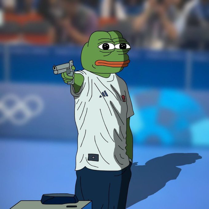 A cartoon illustration of a green frog character resembling Pepe the Frog, wearing a white Adidas shirt, holding a silver pistol in an Olympic-style shooting pose.