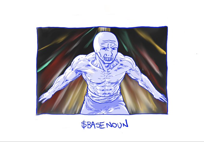 An illustrated drawing features a muscular, grimacing figure rendered in blue line work against a colorful radiating background, with the text '$BASE NOUN' written below.