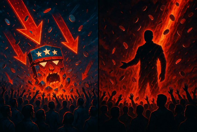 Dramatic red-and-black crypto meme illustration showing a patriotic star-spangled coin being crushed by falling arrows on the left and a shadowy figure standing amid a fiery, cheering crowd on the right.