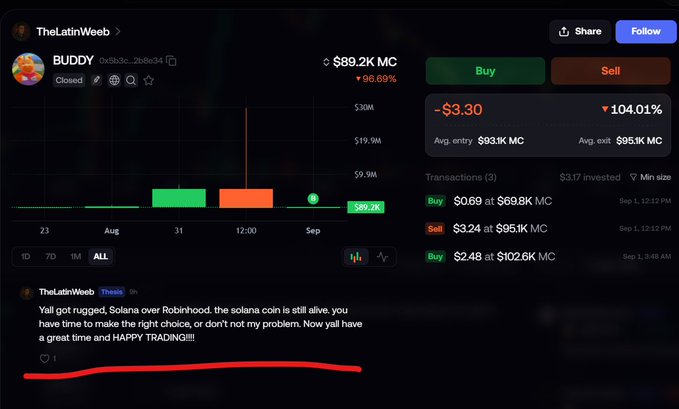 A screenshot of TheLatinWeeb's portfolio shows a $3.30 loss (down 104.01%) on the BUDDY token ($89.2K MC), accompanied by his post boasting about flipping a rug pull on Robinhood to "rug" Solana users into his FOMO app thesis on the supposedly superior "Solana version" with a 10K market cap difference.