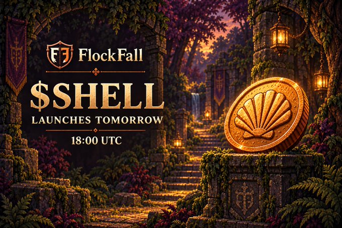 A promotional graphic featuring a giant golden $SHELL coin beside a fantasy garden pathway announces "FlockFall $SHELL LAUNCHES TOMORROW 18:00 UTC," aligning with the post's announcement that $SHELL trading opens on September 10th at 18:00 UTC before NFT reveal and gameplay.