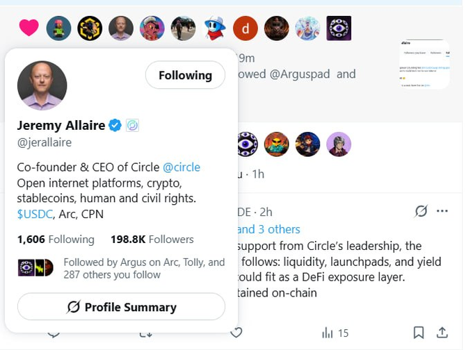 A popup profile card for Jeremy Allaire, Co-founder & CEO of Circle (@jerallaire), with 198.8K followers, shown alongside a tweet discussing Arc and DeFi support. The caption reflects the user's excitement that Allaire liked their post advocating for stronger Circle support of Arc to boost its visibility.