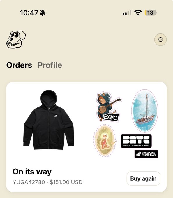 An order tracking app showing a 'Bored Ape Yacht Club' hoodie purchase with the order status 'On its way,' order number YUGA42780, priced at $151.00 USD.